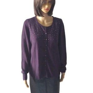 Karen Scott Luxsoft Victorian Purple Rhinestone Cardigan Sweater Large NWT